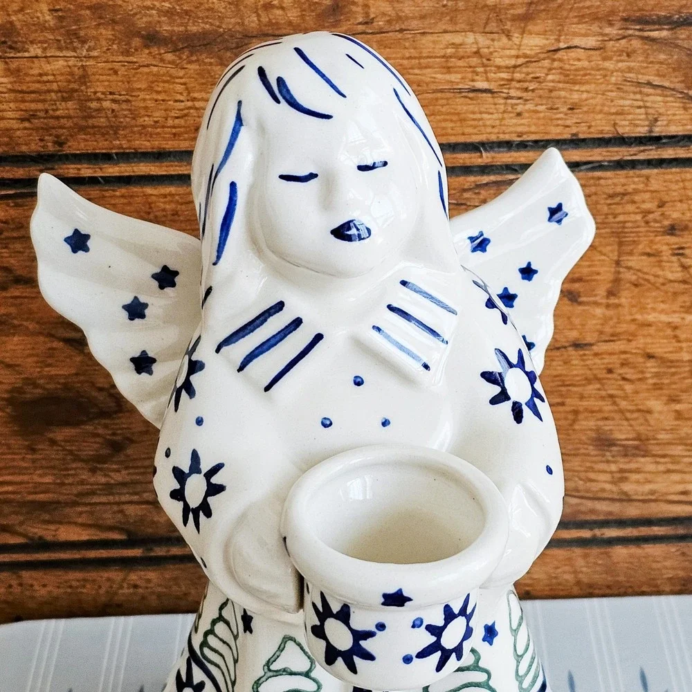 Vtg Polish Pottery Angel Taper Candle Holder Figurine Boleslawiec Cobalt Blue